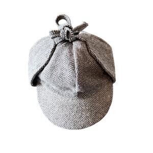 Herringbone Tweed Bonnet Hat Gray Lined Tie Closure Size M